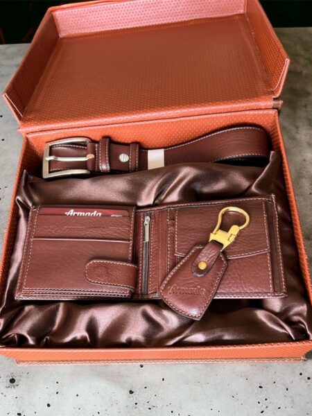 Pack Premium « Portefeuille, ceinture, porte clés » Marron